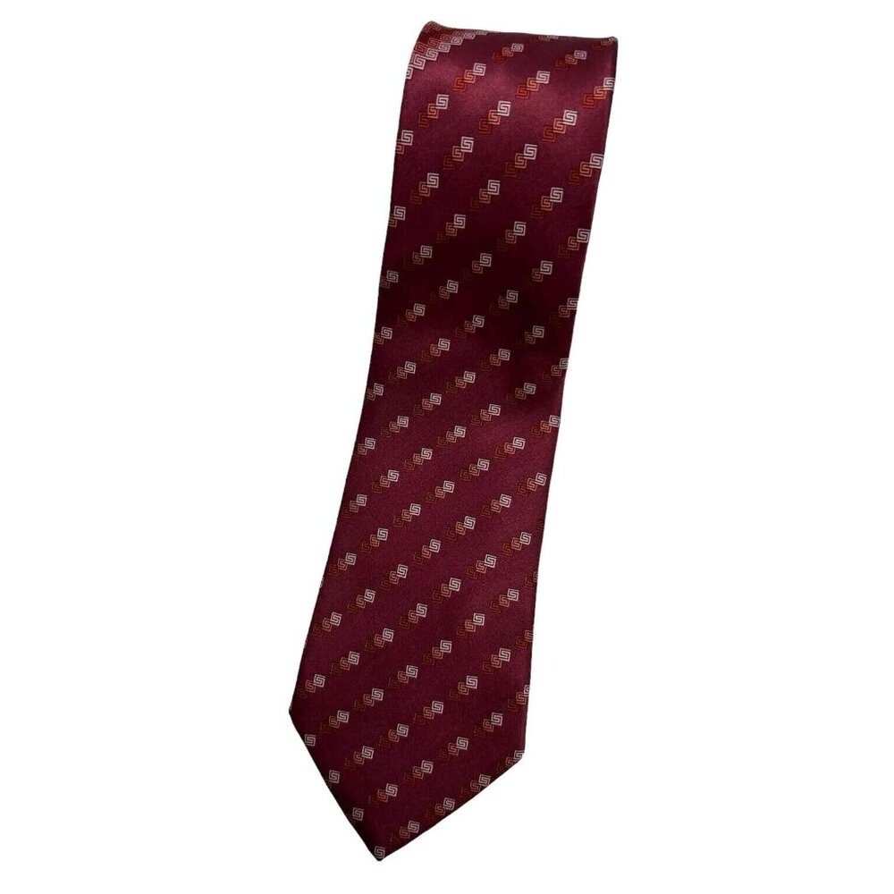 VERSACE Men's 100% Silk Necktie LUXURY Tie XL Burgundy Monogram Logo W:3.5" EUC